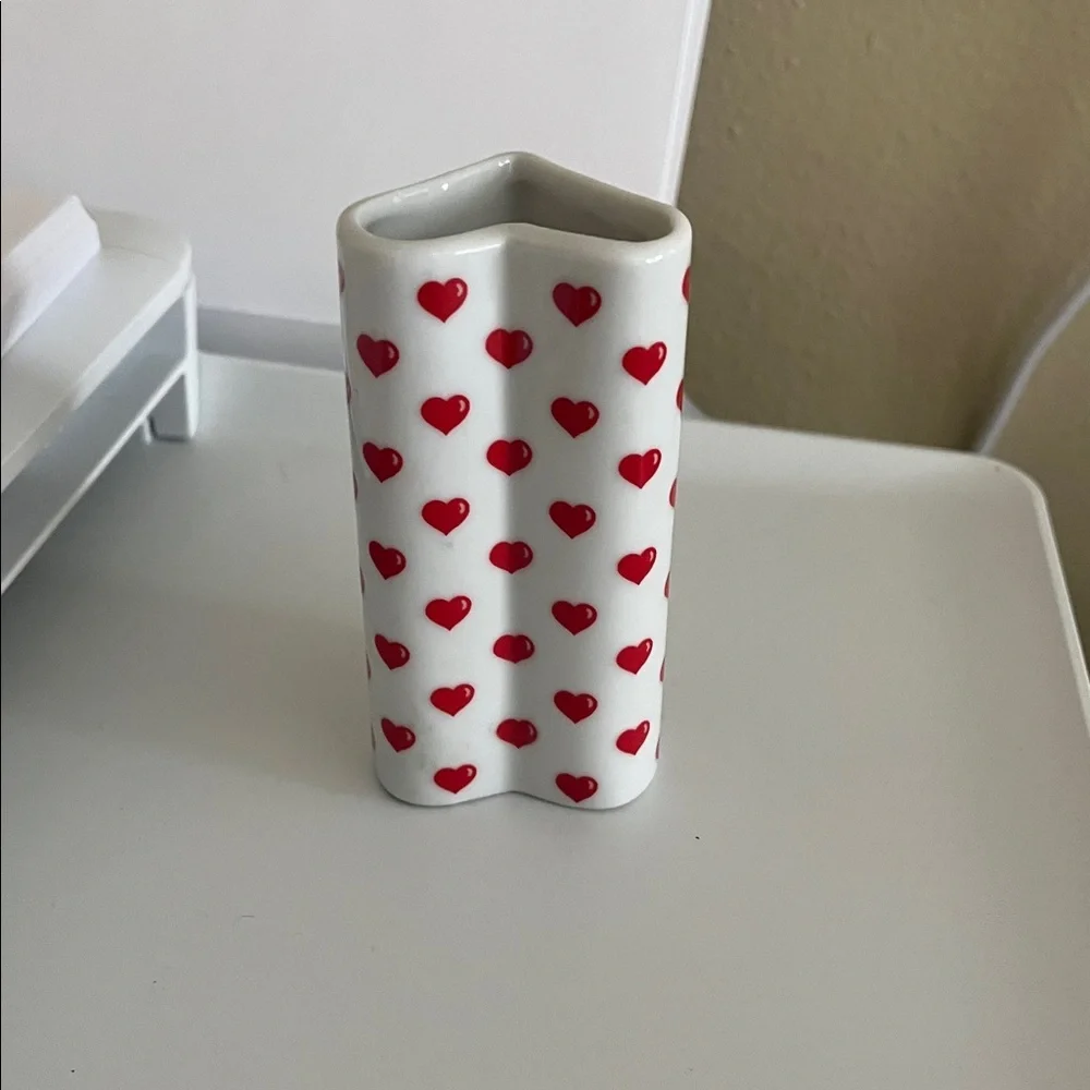 vintage small porcelain red Heart Patterned White Vase